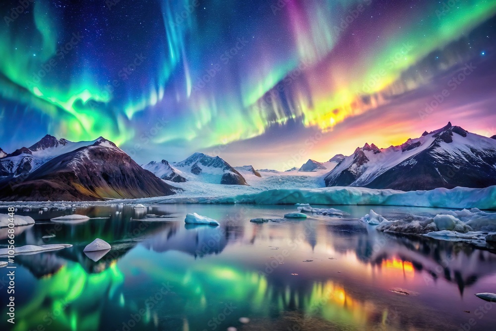 Alaska aurora above mountain peaks with glaciers depth of field Alaska aurora above mountain peaks with glaciers depth of field