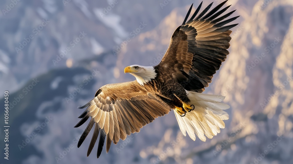 Obraz premium Majestic Eagle Soaring Above Mountain Range, Embodying Freedom and Power in Nature