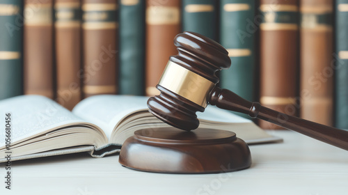 A close-up of a wooden gavel resting on a table with an open law book and an elegant backdrop of vintage law books The scene emphasizes legal authority