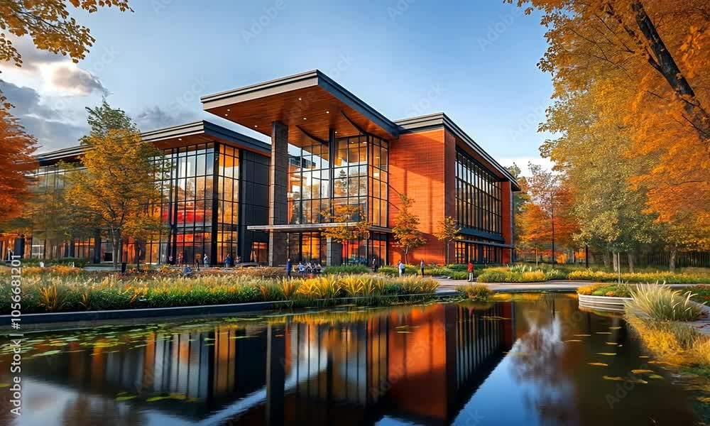 Modern building reflecting in a serene pond surrounded by trees. Modern building reflecting in a serene pond surrounded by trees.