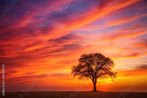 A lone tree stands tall against a vibrant orange and pink sky as the sun sets behind it, atmosphere, colors, stunning, sunset