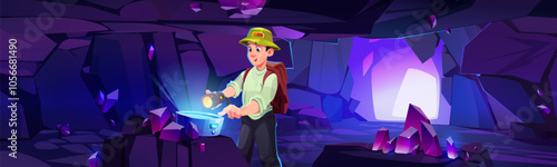 Young male explorer in hat and backpack in glowing cave filled with mysterious purple crystals. Man holding flashlight discovers strange futuristic device. Fantasy dark cavern with glossy diamonds.