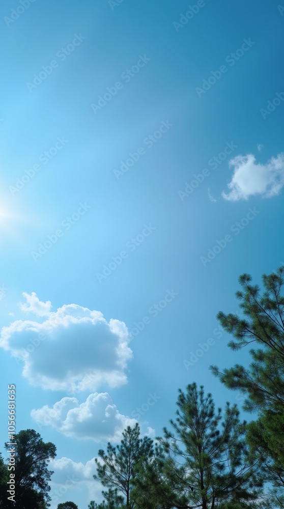 Sunny day with fluffy clouds and trees reaching into the clear blue sky Sunny day with fluffy clouds and trees reaching into the clear blue sky