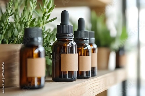 A serene display of amber glass bottles on a wooden shelf, surrounded by lush greenery, suggesting a natural and organic atmosphere.