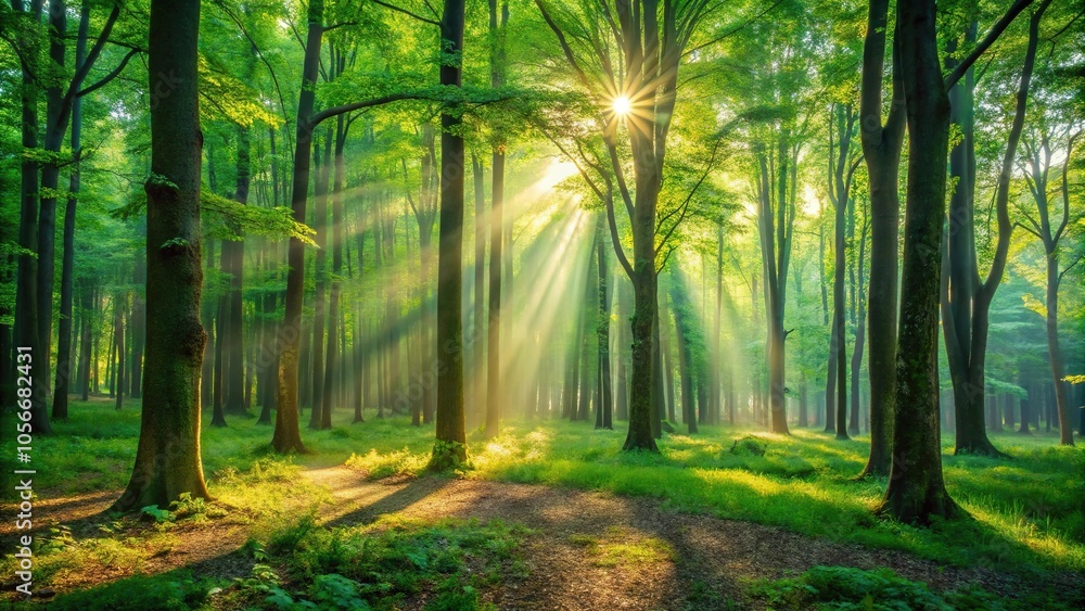 Fototapeta premium A lush forest with tall trees and vibrant green foliage, sunlight filtering through the leaves creating dappled patterns on the ground, foliage, nature, leafy canopy, serene landscape, tree-lined path
