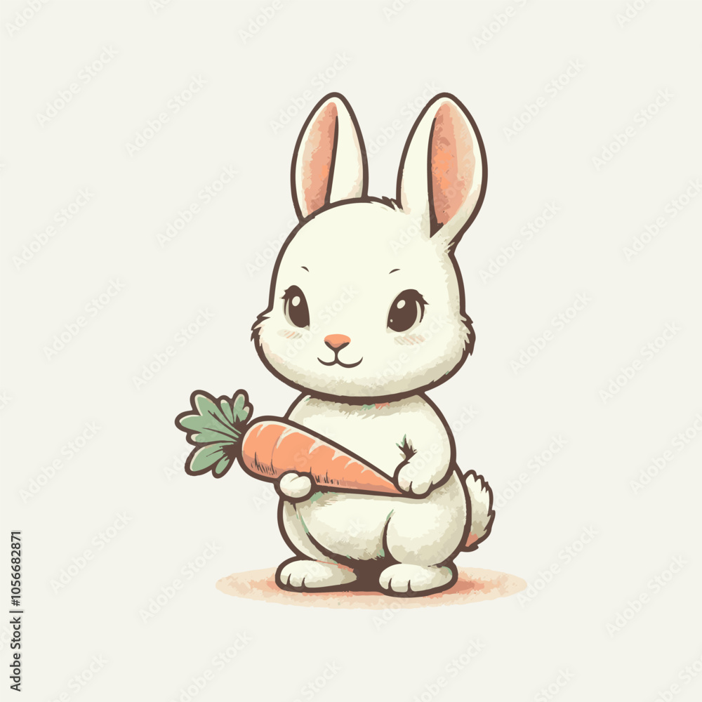 Obraz premium Cute bunny holding a carrot vector illustration. Funny bunny mascot logo idea. Rabbit cartoon vector 