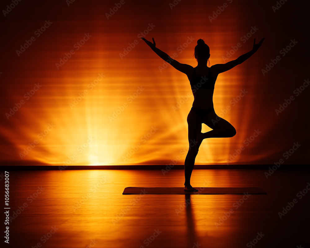 Silhouette of a yogi practicing balance and meditation at sunrise with warm orange light reflection on the floor Silhouette of a yogi practicing balance and meditation at sunrise with warm orange light reflection on the floor