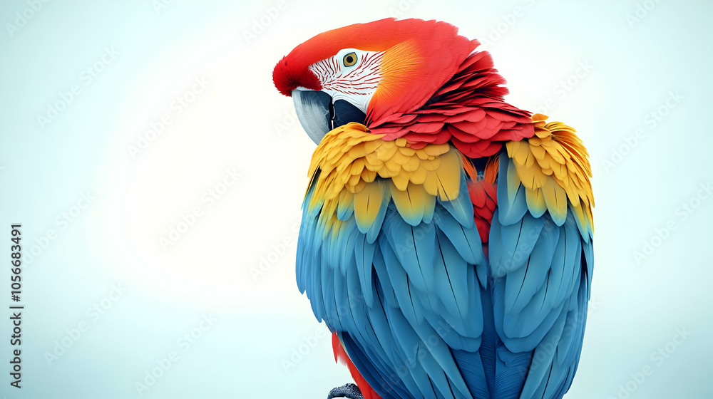 Obraz premium 3D Therapy Parrot Perched on Shoulder with Plain Background & Copy Space - Avian Assisted Therapy Concept Image Showcasing Vibrant Colors & Companionship in Unique Setting