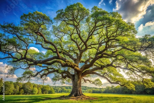 A majestic oak tree stands tall in a lush forest landscape, its gnarled branches stretching towards the sky and leaves rustling in the gentle breeze, nature, trees, autumn leaves