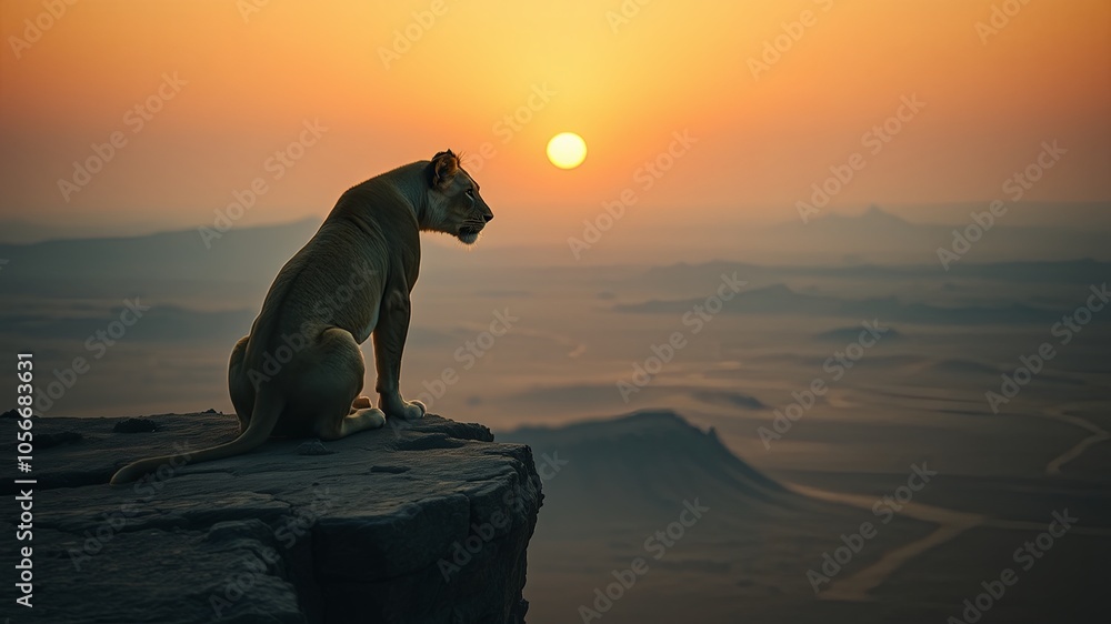 Lion Watching Sunrise Over Vast Landscape Lion Watching Sunrise Over Vast Landscape