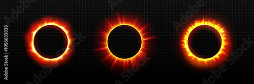 Luminous solar eclipse variations with moon covering sun creating different orange and red neon and fire rings on dark background. Realistic set of various circular glowing magical outlines effects.