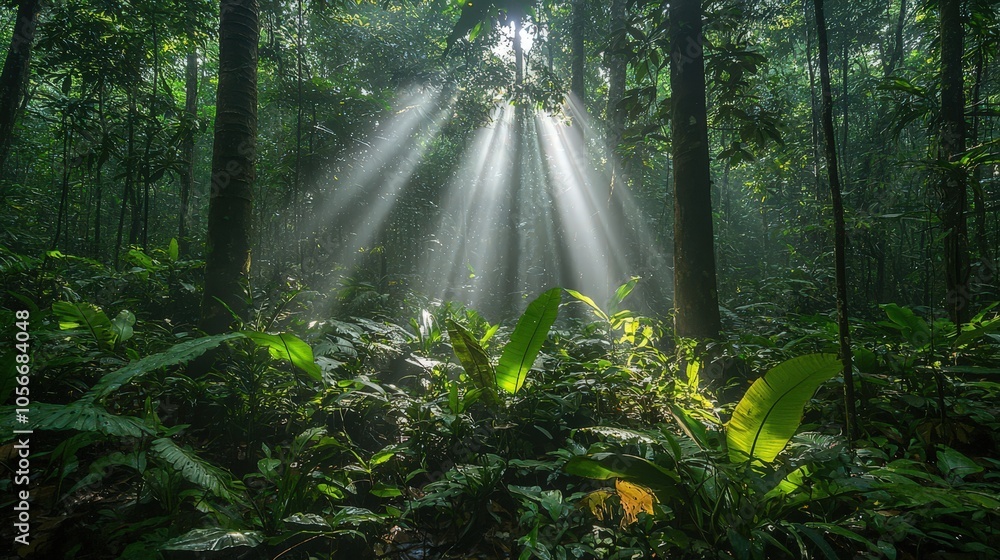 Obraz premium Rays of sunlight filter through the thick foliage of a dense forest, casting beautiful light onto the vibrant greenery below, creating a peaceful and serene environment