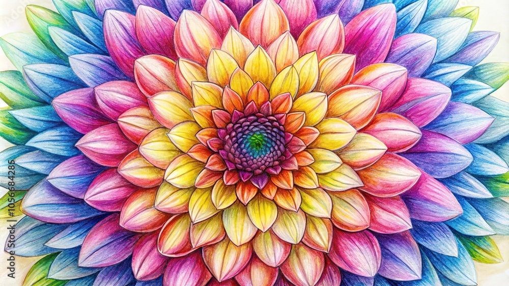 An elaborate sketch of a blooming flower with vibrant petals and center, colorful blooms, bloom An elaborate sketch of a blooming flower with vibrant petals and center, colorful blooms, bloom