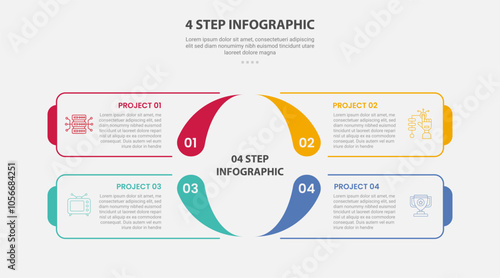 4 points template infographic outline style with 4 point step template with square base center with fluid shape base for slide presentation