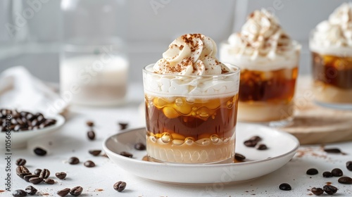 Asian coffee dessert with jelly, made from espresso, gelatin, agar, and whipped cream on a white table.