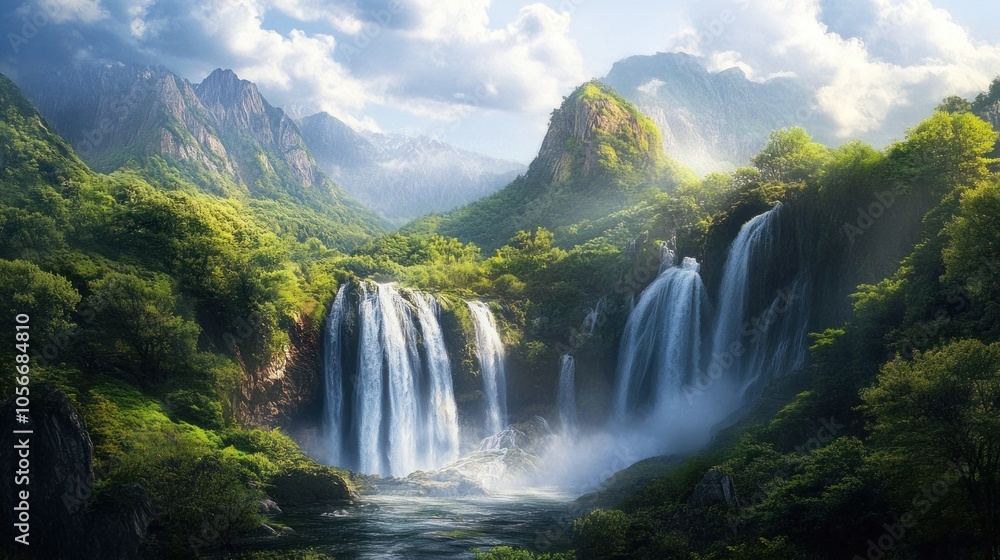Fototapeta premium Majestic Waterfall in a Lush Mountain Valley