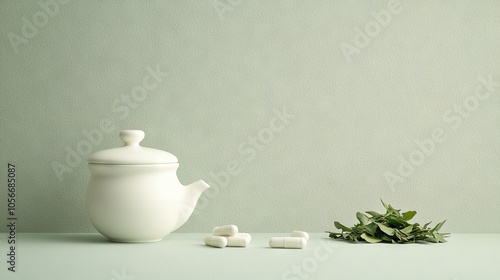 Wallpaper Mural artisanal herbal medicine display, cream-colored capsules, crisp white vessel, verdant tea leaves, textured pale background, natural remedy aesthetic Torontodigital.ca