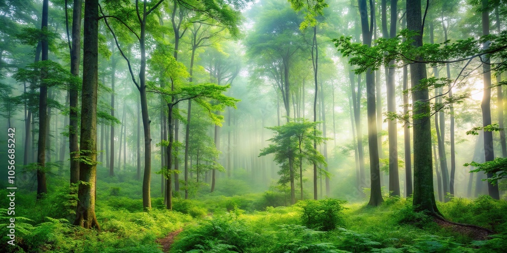 A serene forest scene with a misty morning atmosphere and tall trees covered in lush green foliage, green background, landscape, greenery, earthy tones, wilderness A serene forest scene with a misty morning atmosphere and tall trees covered in lush green foliage, green background, landscape, greenery, earthy tones, wilderness