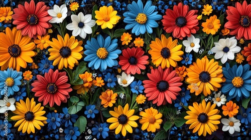 Lively flowers in diverse colors create a breathtaking arrangement, showcasing daisies and other blooms in a harmonious garden display under clear skies