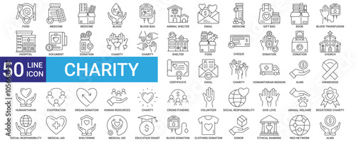 Charity icon collection set with food, 
medicine, donation, cooperation, human resources