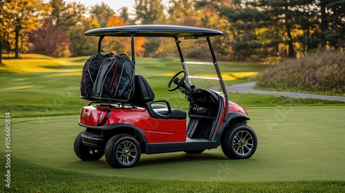 A golf cart parked on a green fairway with a golf bag strapped to the back.