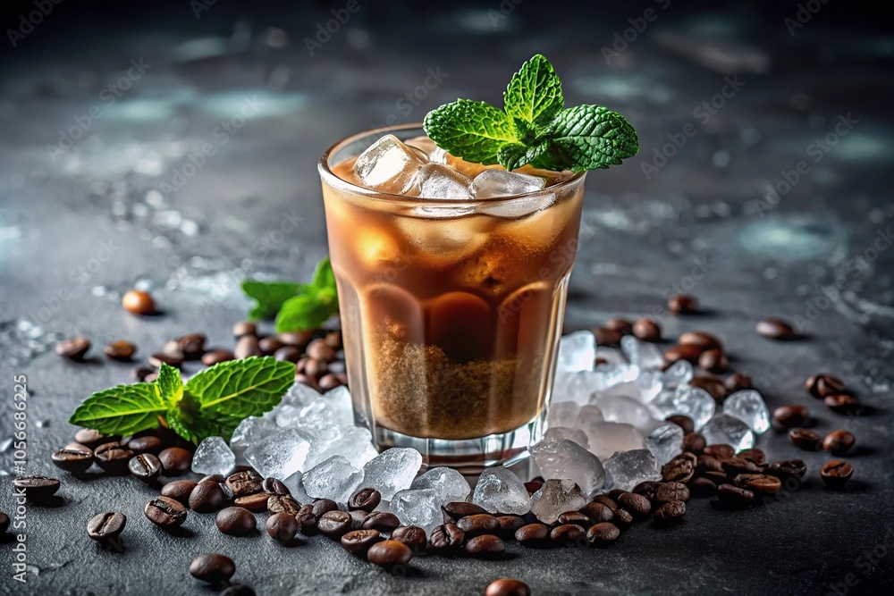 A single serving of iced coffee on a bed of ice, garnished with mint leaves, fresh mint, iced coffee, frozen beverage A single serving of iced coffee on a bed of ice, garnished with mint leaves, fresh mint, iced coffee, frozen beverage