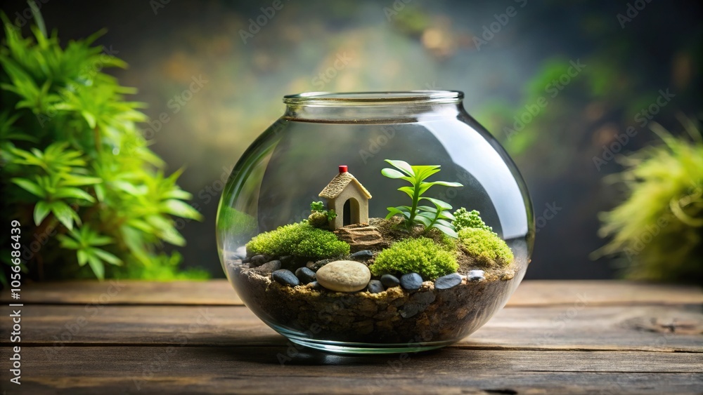 A small terrarium containing a tiny house plant with moss and small rocks, miniatures, rocks A small terrarium containing a tiny house plant with moss and small rocks, miniatures, rocks