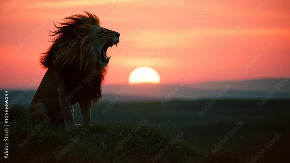 Majestic Lion Roaring at Sunset Over Horizon Majestic Lion Roaring at Sunset Over Horizon