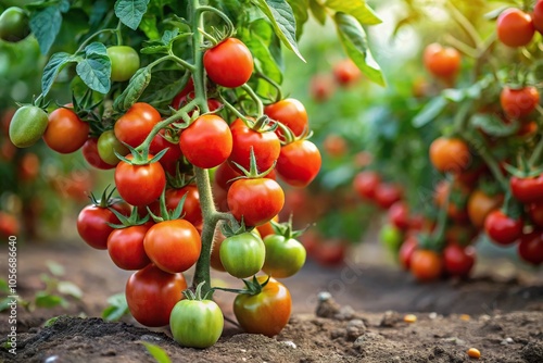 a sprawling tomato plant with multiple stems and leaves in a garden, leafy greens, vines, stem photo