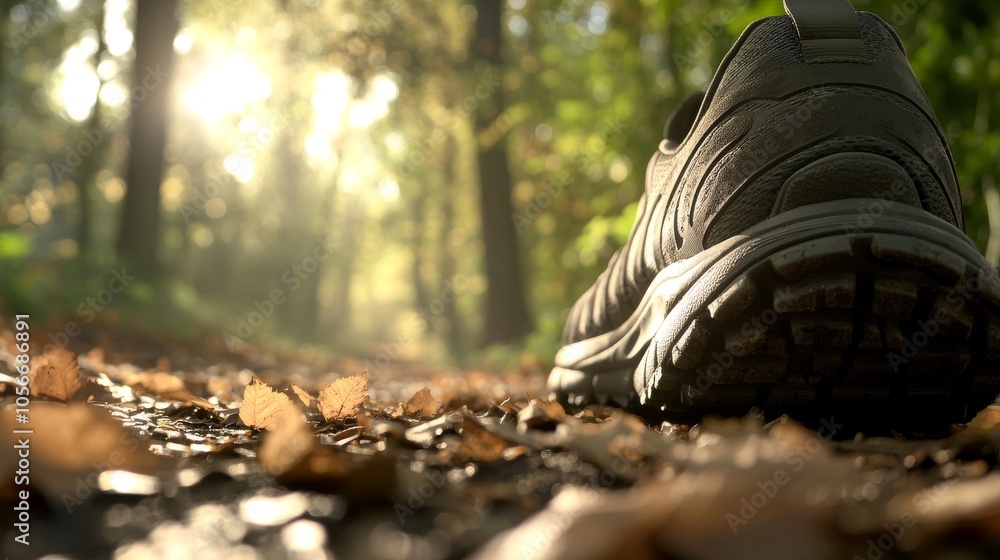 peaceful woodland fitness trail, detailed shoe tread on path, soft focus forest backdrop, morning light filtering through leaves, outdoor wellness journey peaceful woodland fitness trail, detailed shoe tread on path, soft focus forest backdrop, morning light filtering through leaves, outdoor wellness journey