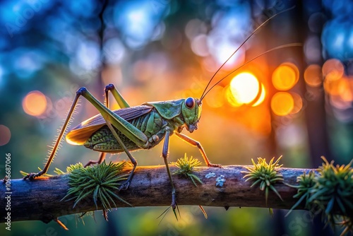 A delicate Weinhhnchen Oecanthus pellucens cricket sings on a branch bathed in twilight. photo