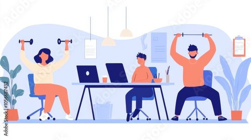 startup employees practicing office exercises, casual dress code, collaborative workspace, exposed ceiling, productivity tools on desk, workplace wellbeing focus