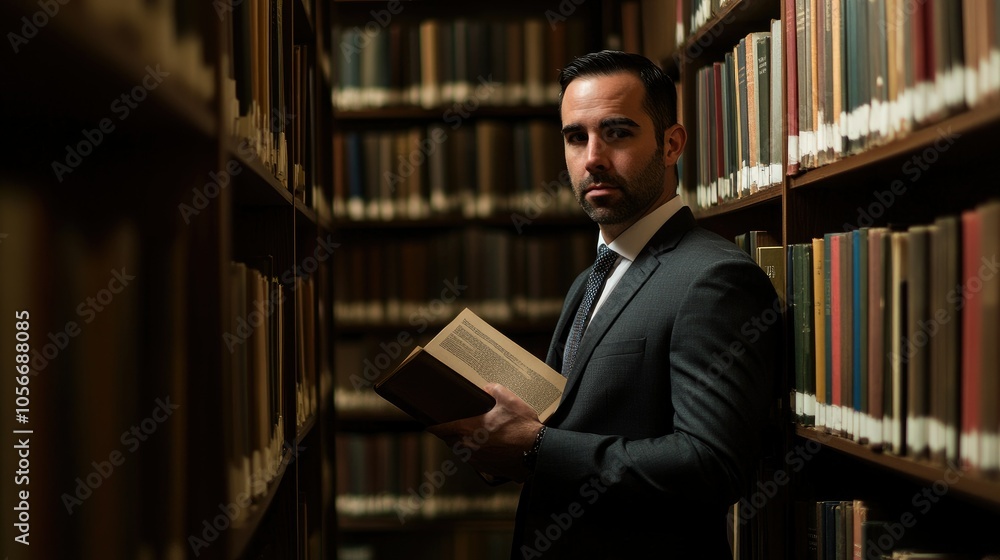 A lawyer in a suit reviewing case files in a well-organized office, with bookshelves A lawyer in a suit reviewing case files in a well-organized office, with bookshelves