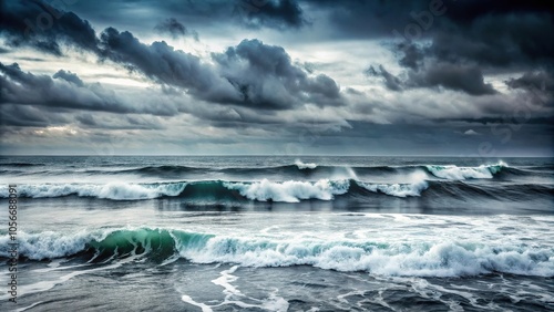 A vast, empty ocean with waves crashing against the shore in a monochromatic grey tone, vast ocean, monochromatic blue