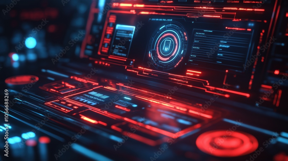 In a dim workspace, a laptop displays a vivid interface highlighting a locked padlock symbol, symbolizing strong cybersecurity measures and data protection in the digital age.