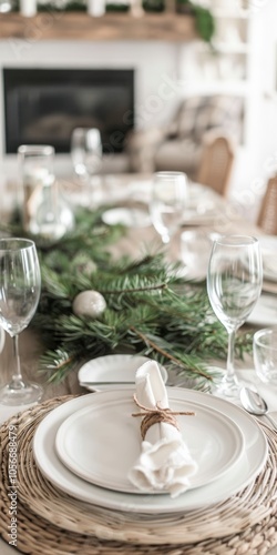 A beautifully arranged holiday table setting featuring white plates, glassware, and a greenery centerpiece in a cozy living room with a fireplace.