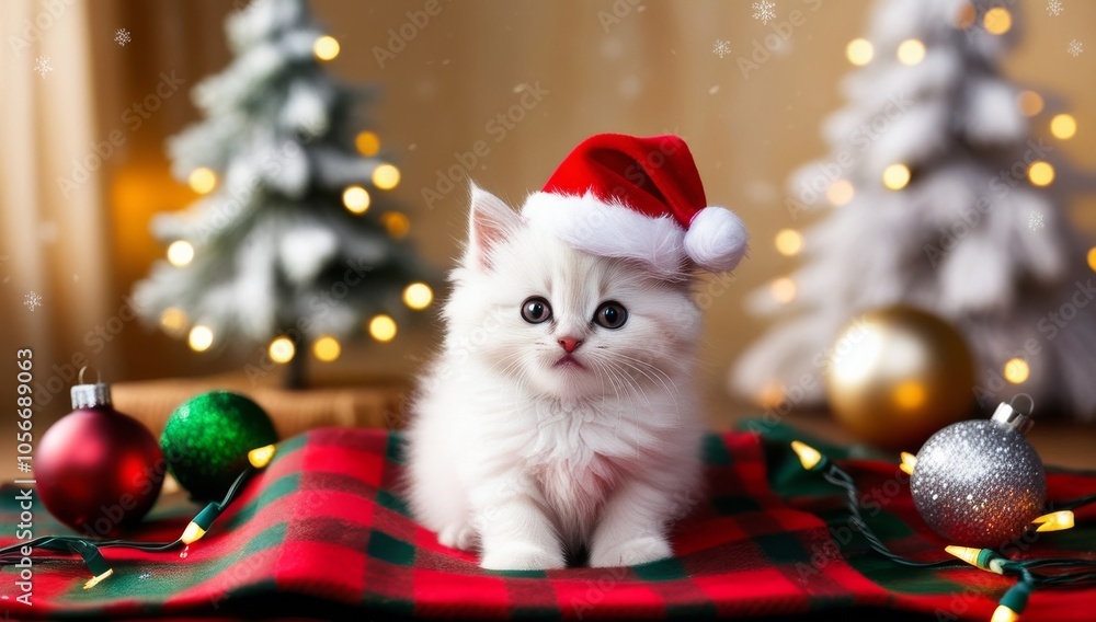 A fluffy white kitten sits adorably on a red and green plaid blanket, wearing a Santa hat. Christmas ornaments in gold, green, and red surround the kitten A fluffy white kitten sits adorably on a red and green plaid blanket, wearing a Santa hat. Christmas ornaments in gold, green, and red surround the kitten