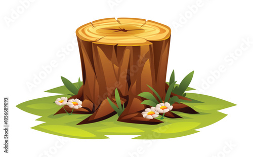 Tree stump with flowers and grass. Vector cartoon illustration