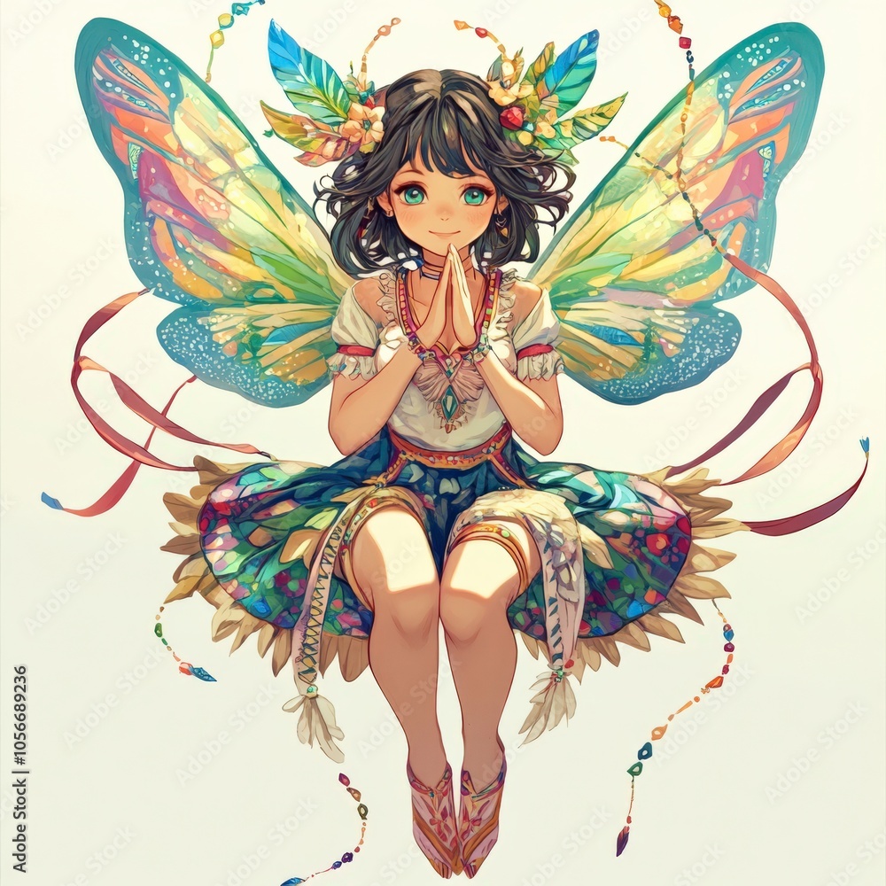 A whimsical fairy with vibrant wings sits gracefully in a meditative pose surrounded by nature A whimsical fairy with vibrant wings sits gracefully in a meditative pose surrounded by nature