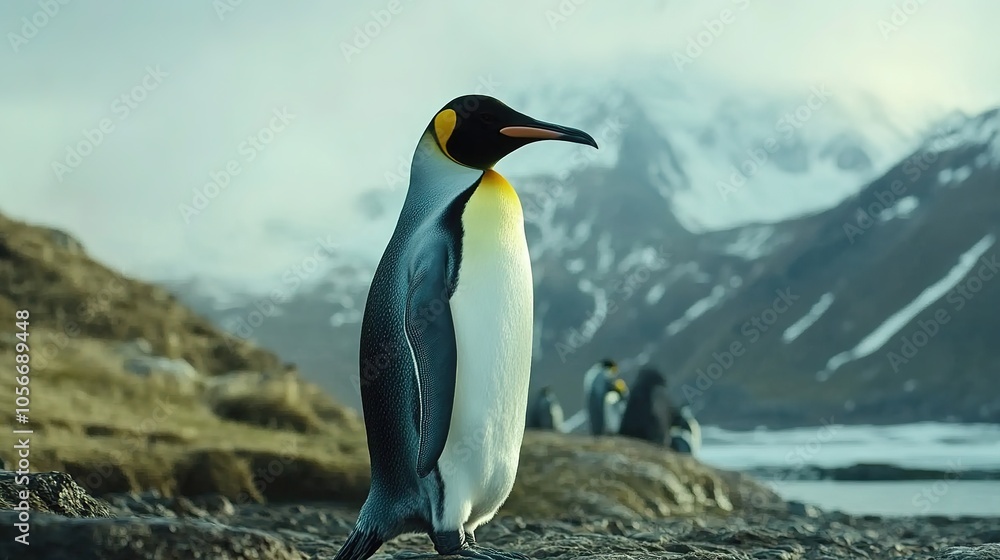 Fototapeta premium A majestic King Penguin standing proudly on an icy landscape, showcasing its vibrant orange and yellow plumage against a backdrop of glistening snow and ice. 