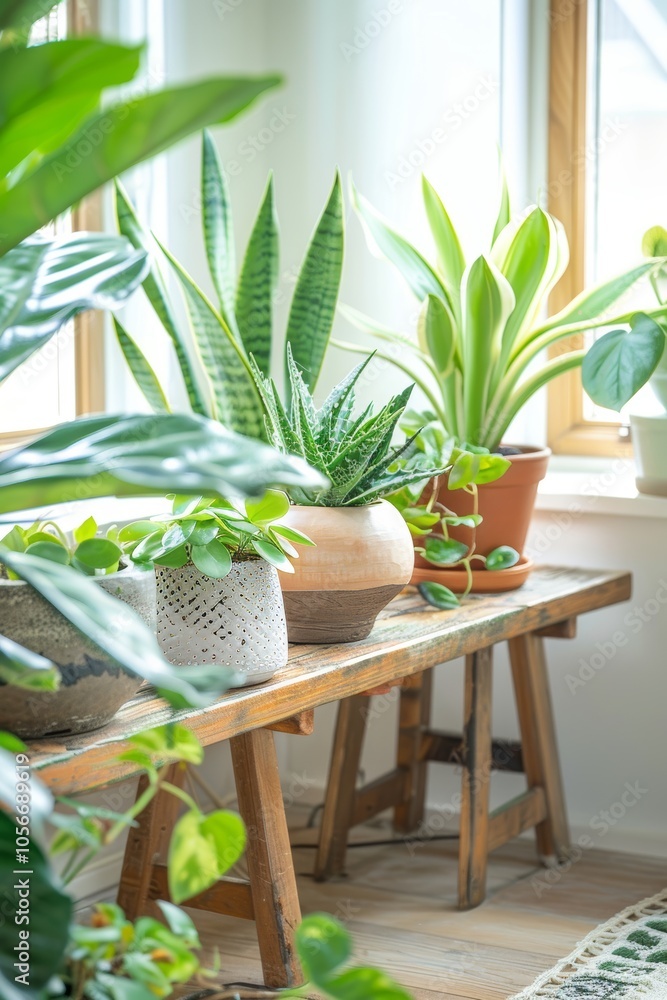 Fototapeta premium A serene indoor garden featuring a variety of potted plants on a wooden bench, bathed in natural sunlight from a nearby window.