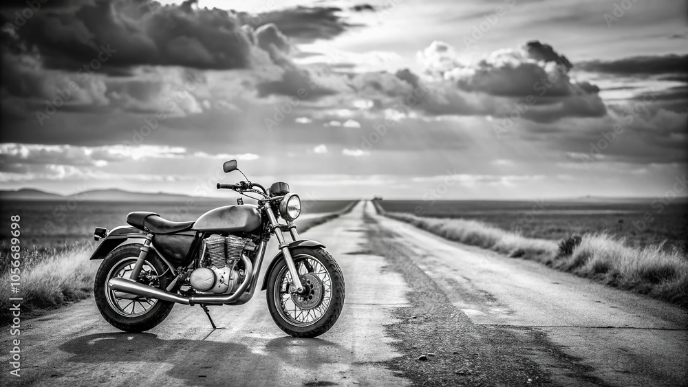Obraz premium Black-and-white photograph of a vintage, distressed motorcycle parked alone on a deserted road, isolation, road, black background, abandoned, vintage