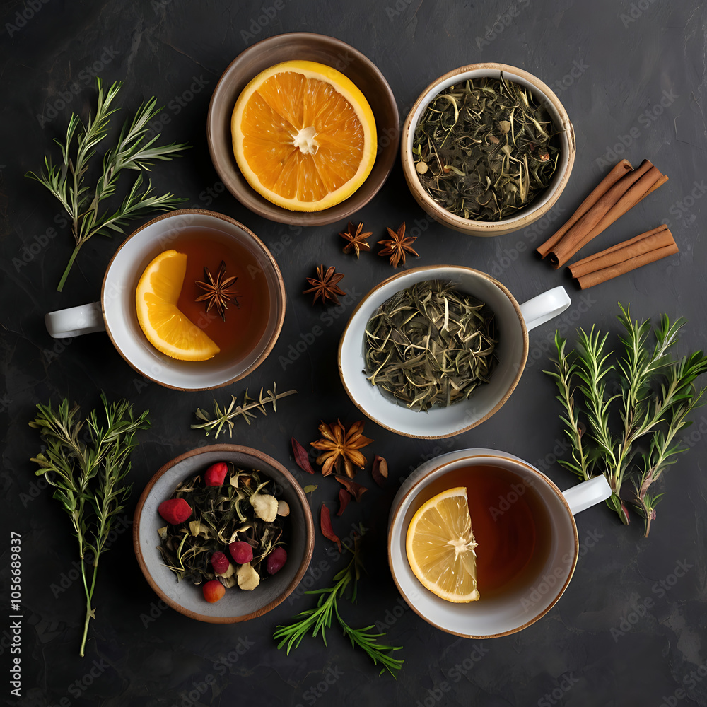 Assortment of tea cups, dried leaves, fruit and herbs in bowls on dark, stone background, top view Assortment of tea cups, dried leaves, fruit and herbs in bowls on dark, stone background, top view