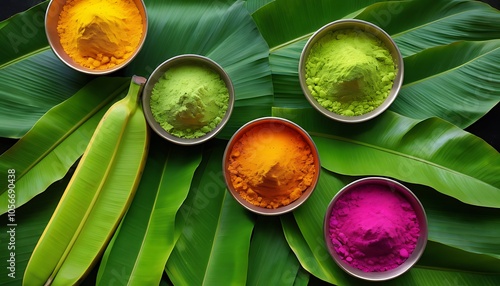 Five bowls of colored powder carefully arranged on large green leave