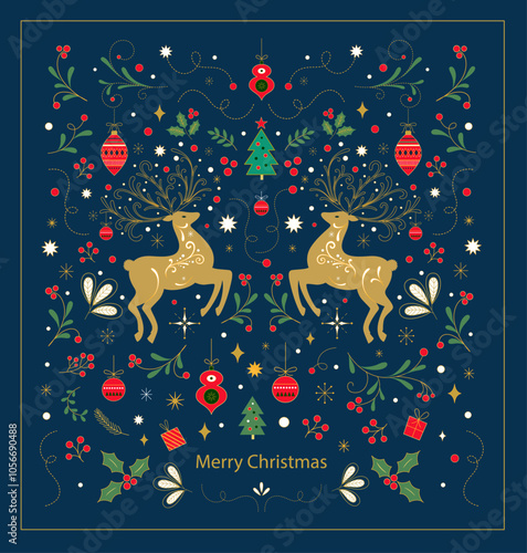 Merry Christmas cover design with Christmas deers, toys and decorative branches. Christmas greeting card. Christmas illustration in Scandinavian style with Christmas tree and Christmas reindeer.