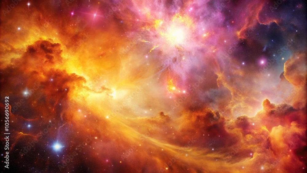 Fototapeta premium Celestial galaxy wallpaper with shades of pink, orange and yellow in a nebula design, space exploration, cosmic