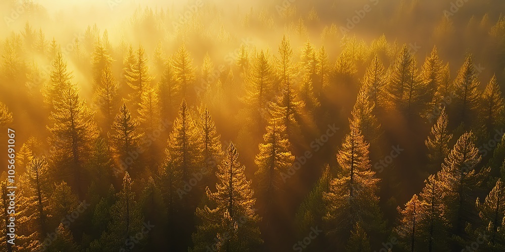 Sunlit forest in morning mist Sunlit forest in morning mist