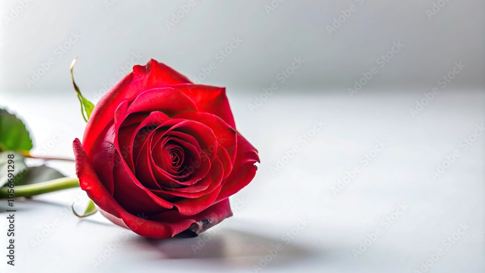 Close-up of a single long-stemmed red rose against a soft white background, close-up, detail Close-up of a single long-stemmed red rose against a soft white background, close-up, detail