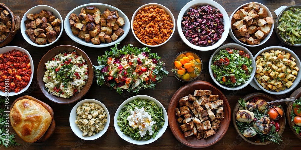 Overhead shot of a Thanksgiving table with a variety of side dishes and salads. Overhead shot of a Thanksgiving table with a variety of side dishes and salads.