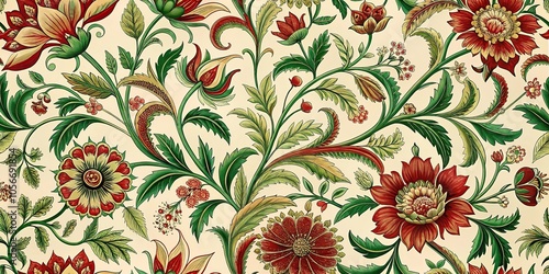 Close-up of intricate floral motifs in deep red and green hues against a cream background, antique furniture, vintage style